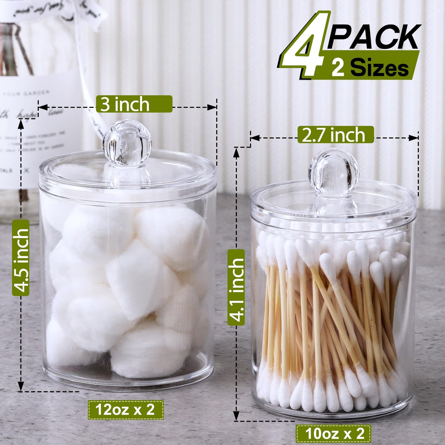 4 PACK Qtip Holder Dispenser for Cotton Ball, Cotton Swab, Cotton Round Pads, Floss Picks - Small Clear Plastic Apothecary Jar Set for Bathroom Canister Storage Organization, Vanity Makeup Organizer